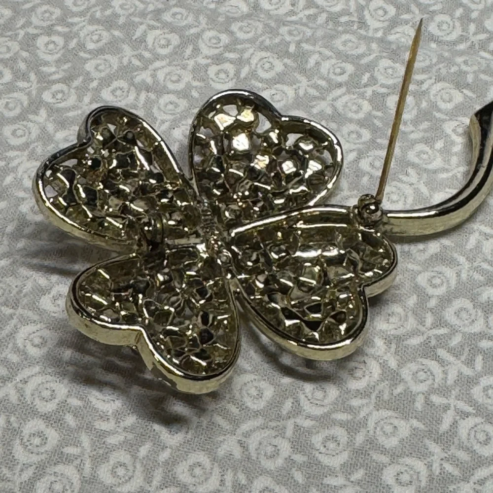 Sarah Coventry Brooch Pin Pink Ice Four Leaf Clover Gold Tone Vintage 3